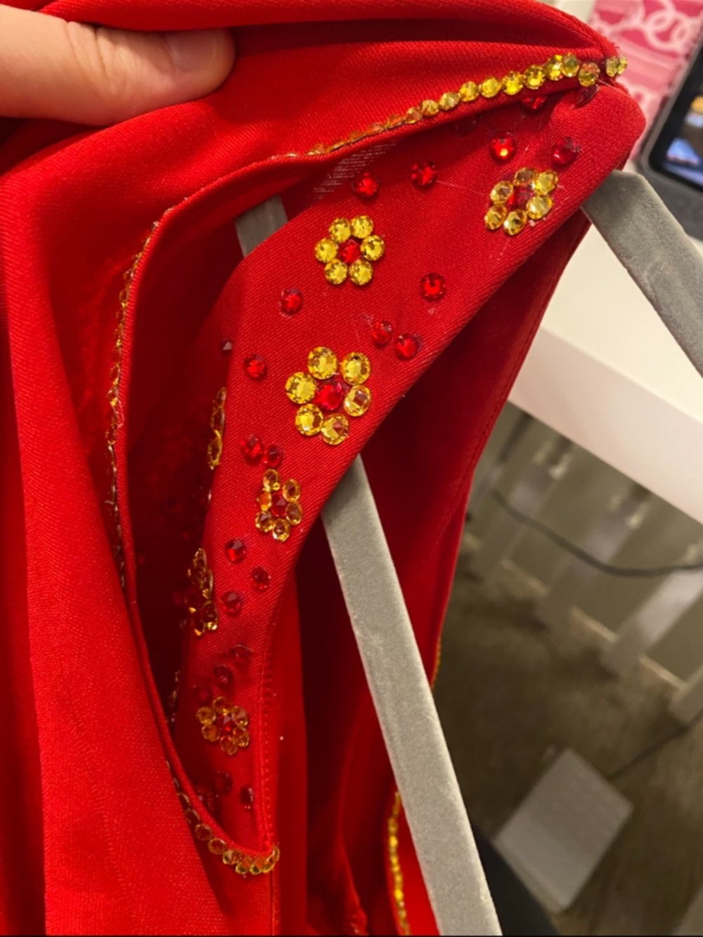 Swarovski Crystal Red Cape Dress with Pleated Shoulder - Picture 6 of 8